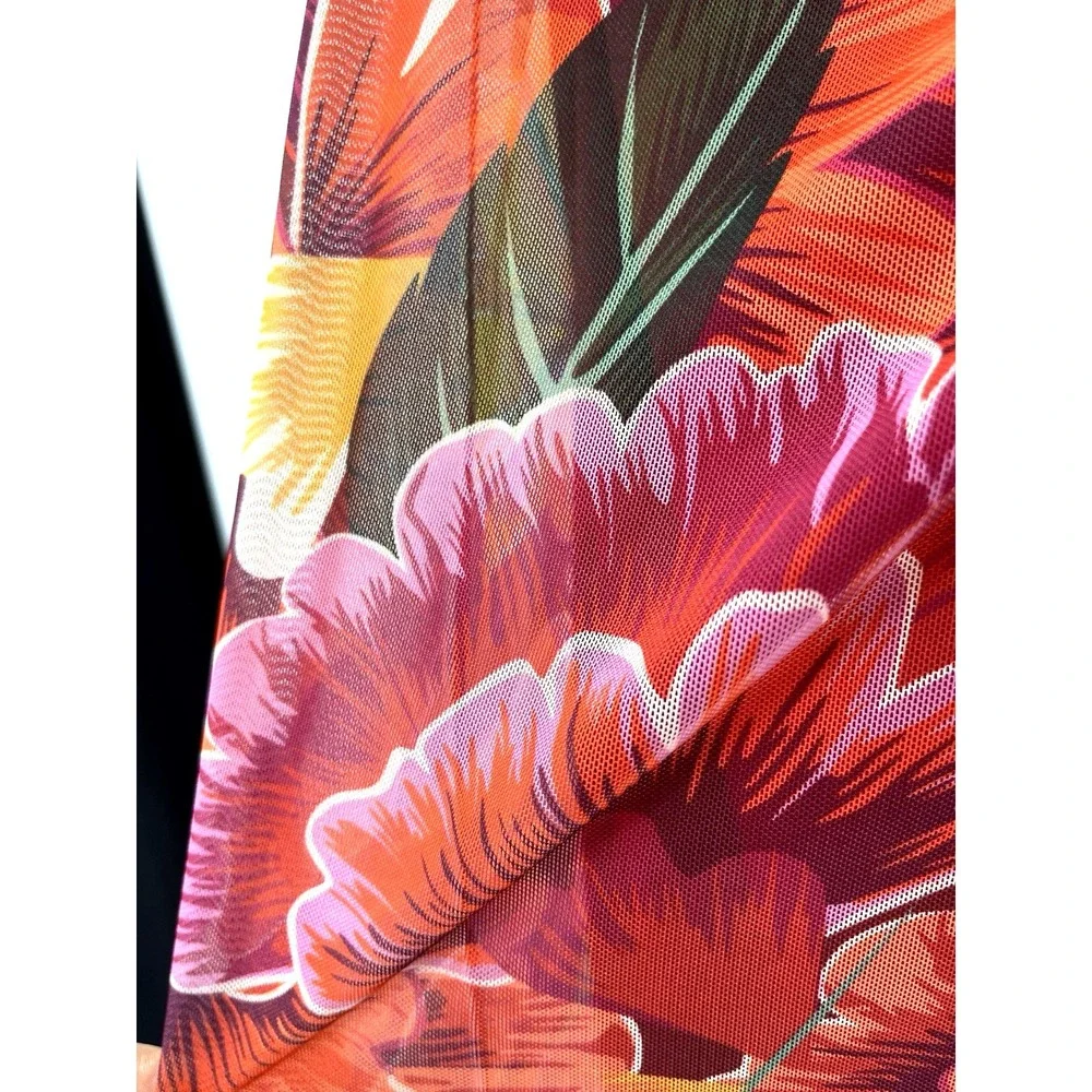 NWT Womens Ruched Peony Floral Midi Skirt L Slit Mesh Strechy Tropical Resort‎